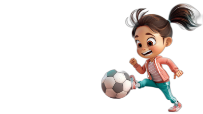 cute little girl playing soccer in the style of Pixar, cartoon style, black background, in the style of Pixar, cartoon character, cute face, smiling with teeth showing, wearing pink and teal track suit, long pigtails in ponytail buns, kicking the ball, in the style of Disney Pixar, in the style of Pixar