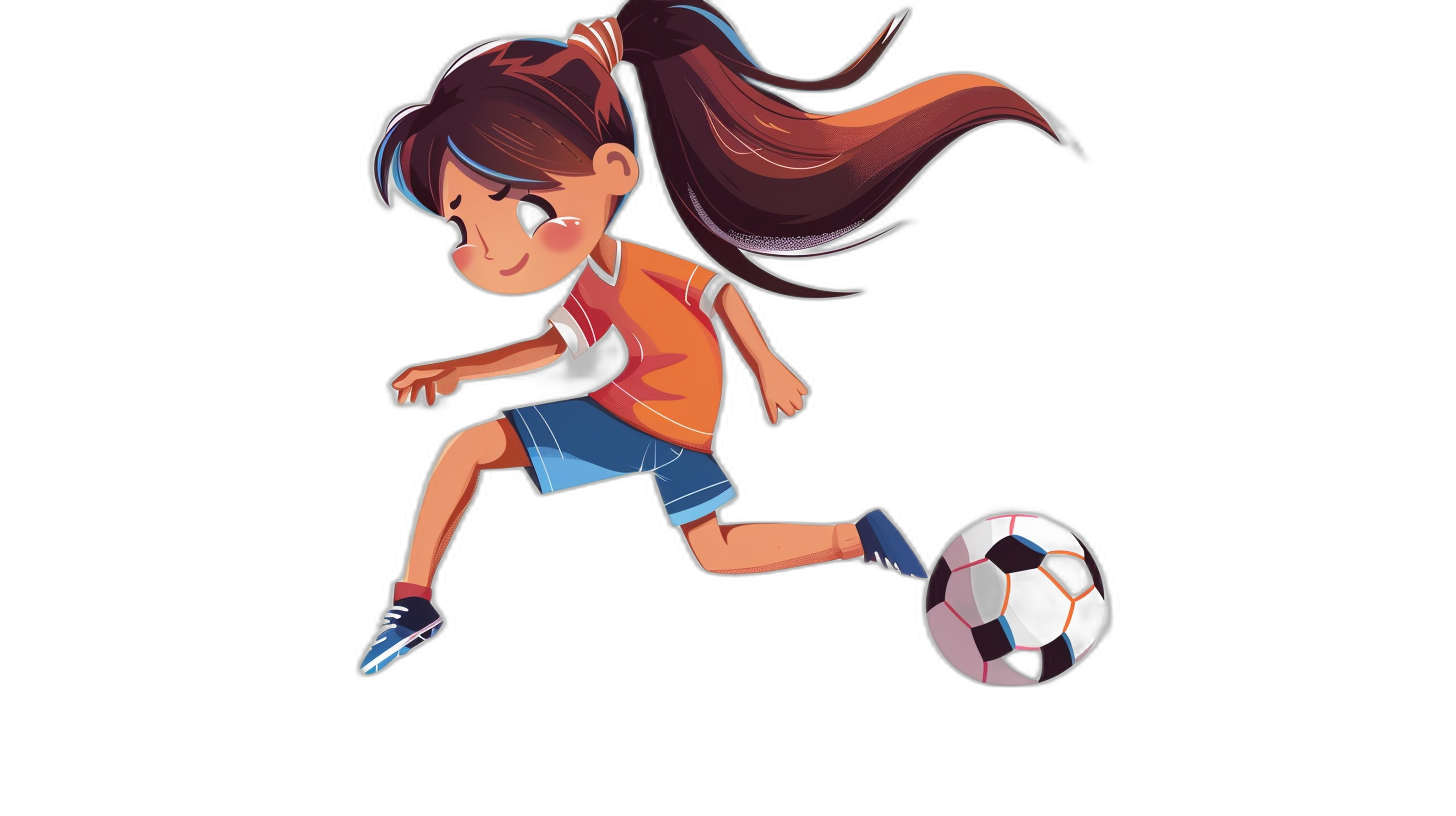 A cute cartoon girl playing soccer, wearing an orange and blue jersey with dark brown hair in pigtails, kicking the ball down the field. Isolated on a black background. In the style of chibi art illustration.