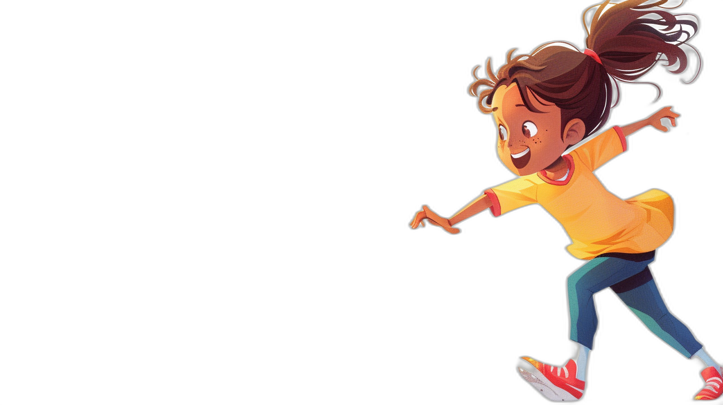 A girl in a yellow shirt and blue pants is running fast with her hair in a ponytail. The cartoon character design is on a black background. She is smiling while running fast with her arms outstretched to the sides. The girl has brown skin color and wears red shoes.