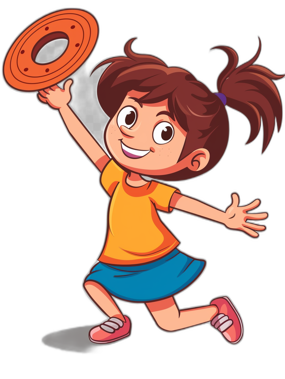 a cute cartoon girl throwing frisbee, simple vector illustration for kids with black background, no shading and colored in color