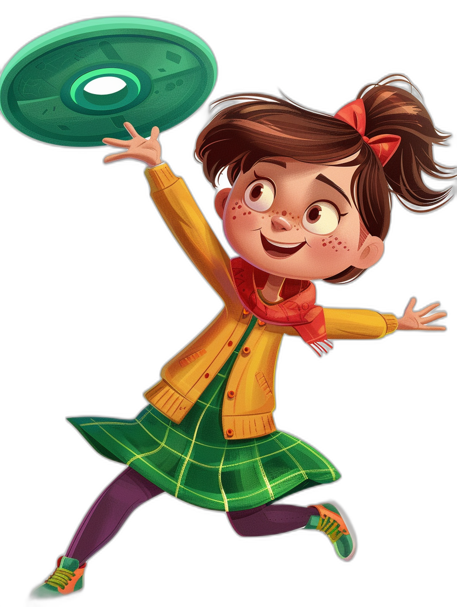 A cute girl in her school uniform, with freckles and brown hair tied back into pigtails. She is wearing a green plaid skirt over red tights and a yellow cardigan. The character has an air of joyous excitement as she flies through the sky on top of a flying saucer frisbee. In the style of a cartoon. Isolated black background.