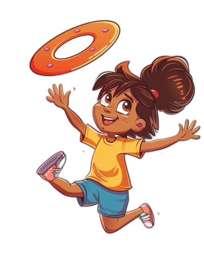 A cute happy cartoon girl is jumping to catch the frisbee in a simple style with a black background. It is a flat illustration of a vector character design with a color scheme of yellow shorts, blue shorts and sneakers. The young Indian woman has dark brown skin, hair tied back in a messy bun, wearing a white shirt. She has a pink watch on her left hand and an orange ring with a diamond on her ring finger. Red plastic rings are also on her hand and she wears sports shoes on her feet. She is throwing Frisbees in a flat art style.