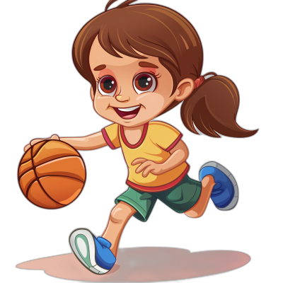 A cute little girl is playing basketball, cartoon style, vector illustration with black background. She has brown hair and wears an yellow shirt, green shorts, blue shoes, holding the ball in her hand while running towards us, smiling. The overall atmosphere of the scene should be cheerful and playful, capturing his joy as he plays sports. Vector graphics, simple design, bright colors.