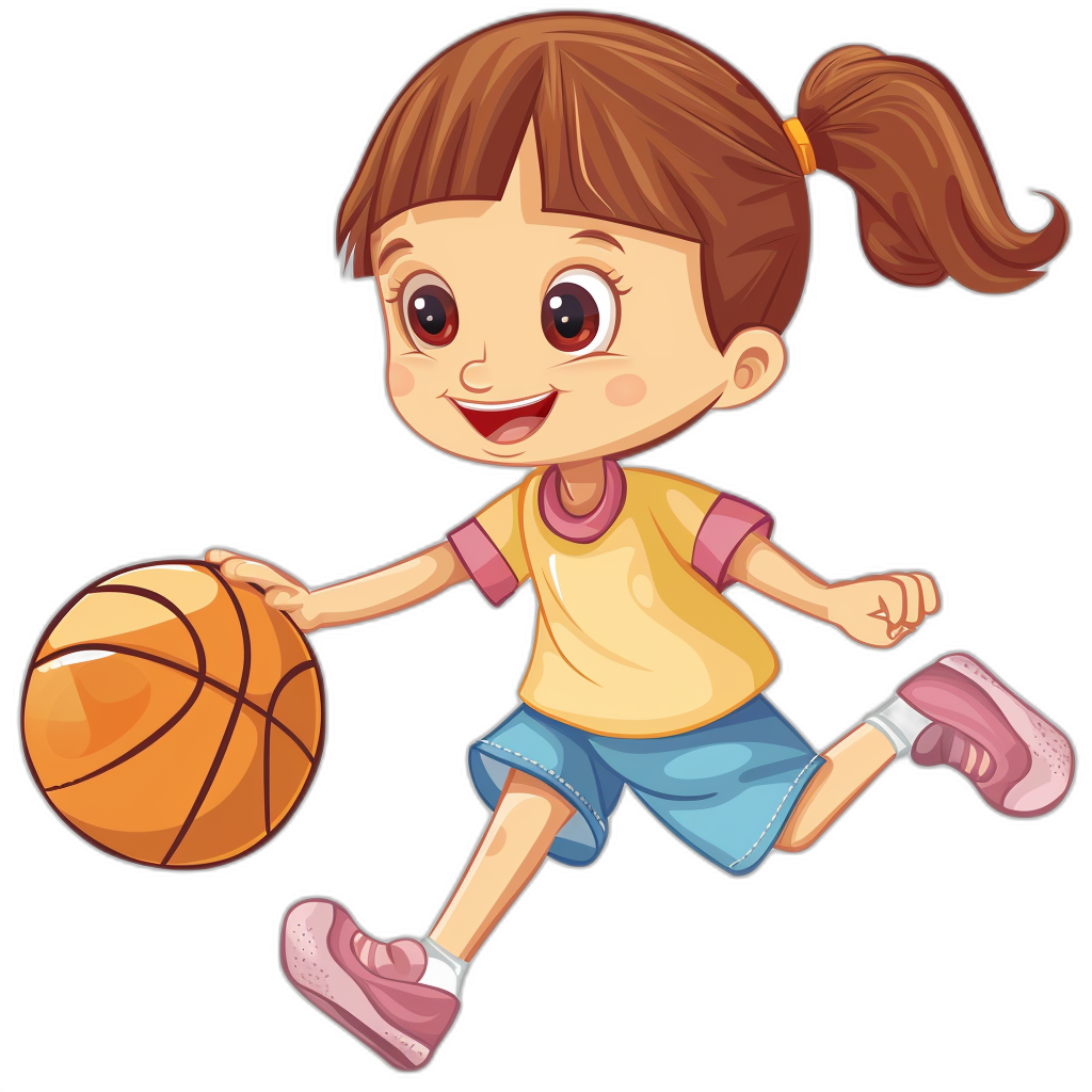 A cute little girl playing basketball, vector illustration for sticker with black background, no shadow under character and clear outline, high quality digital art in the style of vector illustration.