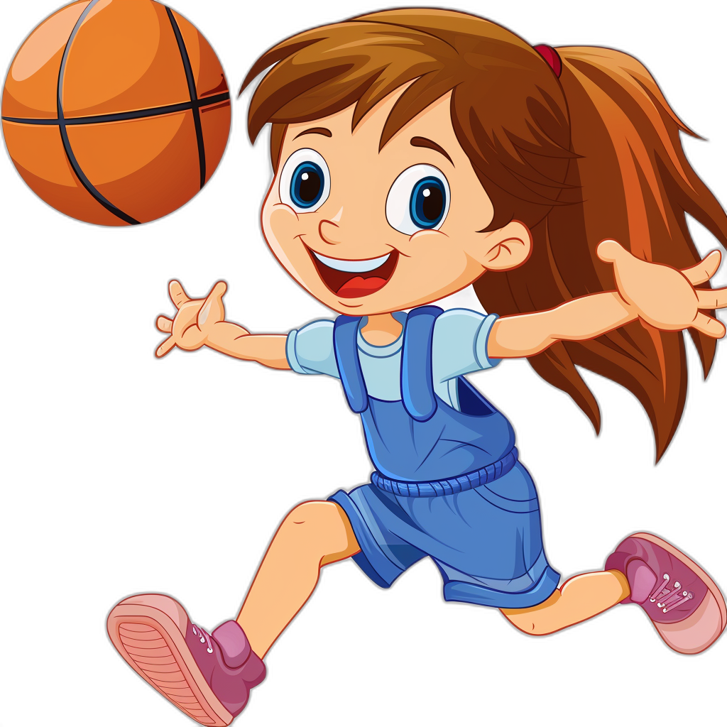 A cute cartoon girl playing basketball in a vector illustration style with simple stroke lines and flat color blocks on a black background. She wears a blue dress and pink shoes with brown hair in a ponytail in the middle of her head and has a smiling face. A ball is shown flying as she plays with high resolution and high detail for best quality.