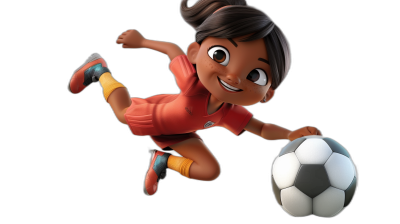 A young girl in her late teens of Indian descent with dark brown skin color playing soccer on a black background, in the style of Disney Pixar, as a cartoon character rendered in Cinema4D, with a cute and dreamy theme, jumping up to kick the ball, wearing a red jersey and yellow socks in a full body shot 3d render.