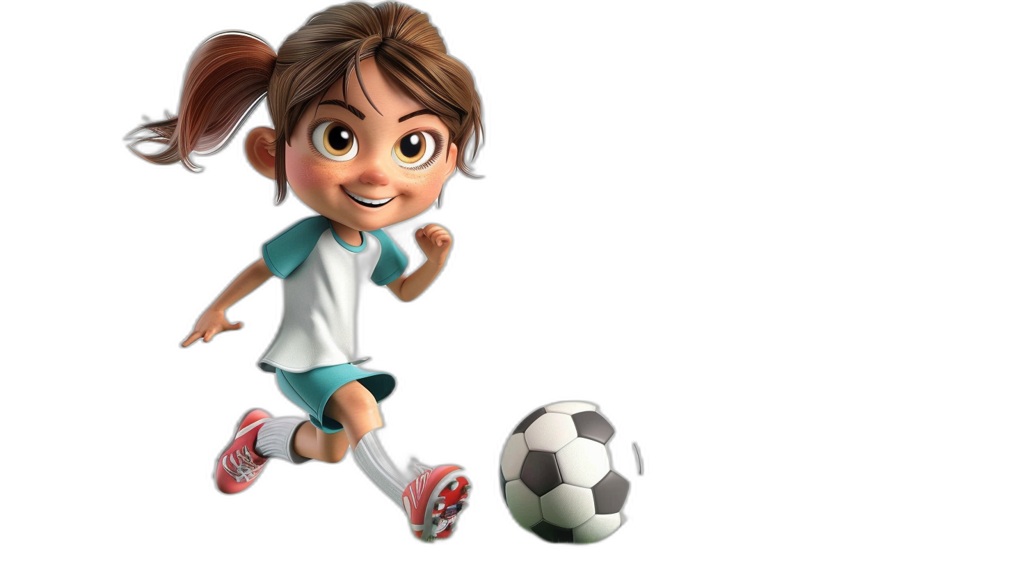 A girl playing soccer in a cartoon style on a black background, in the style of Pixar characters, in the Disney cartoon style. A cute and adorable girl in a white and blue jersey with pink shoes kicking the ball, with big eyes and brown hair in a ponytail.