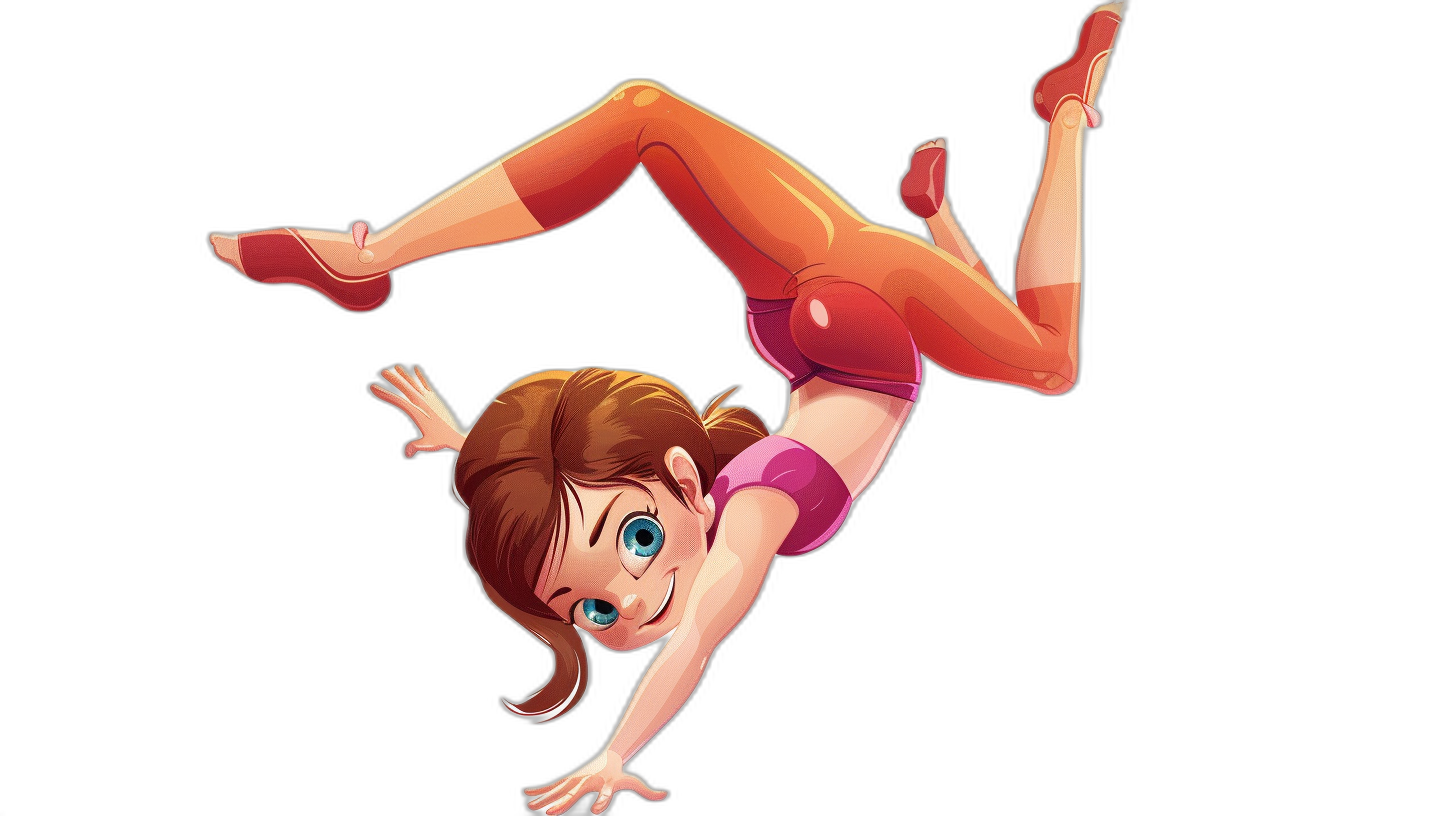 A cartoon girl doing a handstand in the style of Disney, vector illustration, black background, full body portrait, cartoon character design, high resolution, 2D game art, cartoon realism style, simple and bright colors, red sports short pants. She has brown hair with blue eyes, a smiling face, pink shoes on her feet, hands in the air for balance, legs up to touch her head, a fun expression, a cheerful mood.