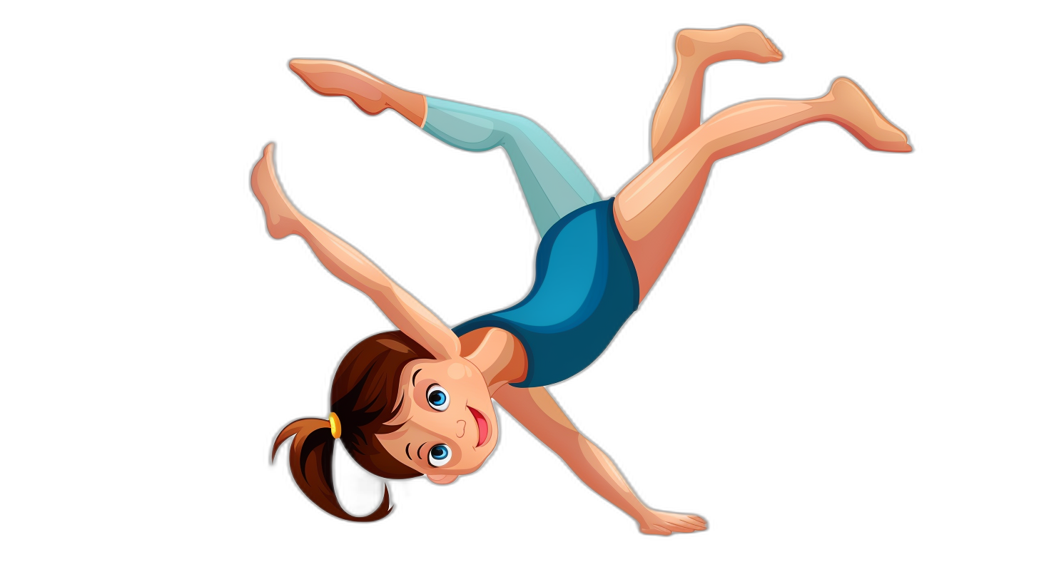 A cartoon girl gymnast is performing a backflip in the style of a vector illustration with a black background. She has brown hair and a blue top and leggings. Her legs are bent at an angle of about 45 degrees while she is in a turtled style. Vector Illustration on a Black Background.