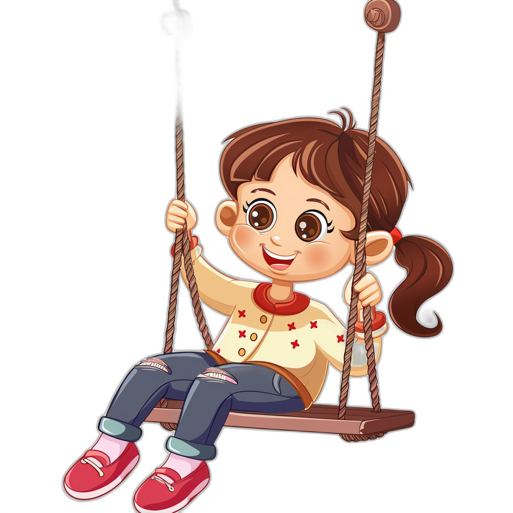 A cute cartoon girl is sitting on the swing, smiling happily with big eyes and brown hair tied in pigtails. She is wearing red shoes, a white shirt, and jeans, and is holding onto two ropes hanging from her back. This vector illustration is in the style of a minimalist cartoon on a black background.