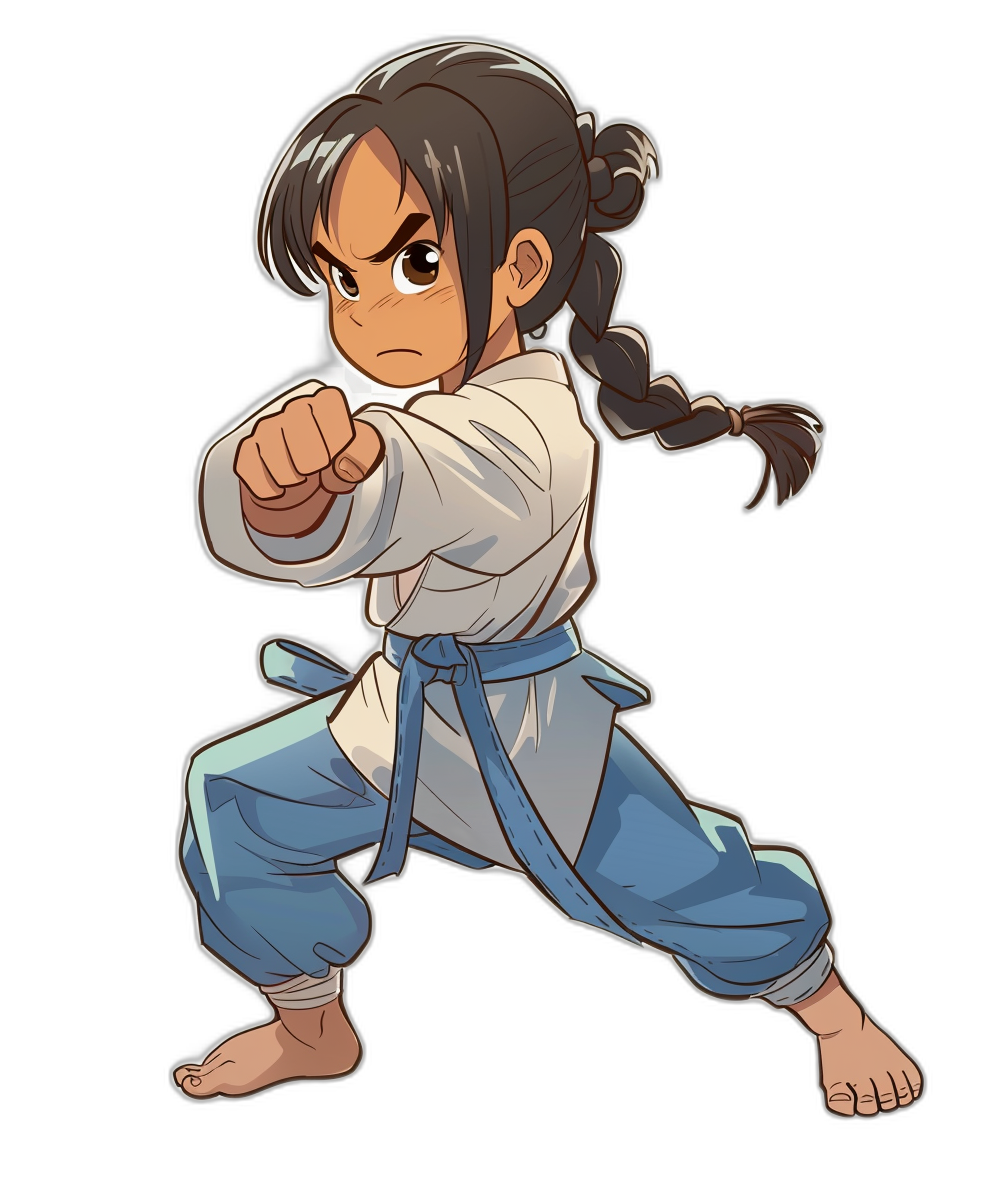 manga style, full body portrait of young girl with long dark hair in ponytail, wearing white shirt and blue pants, doing karate kick, black background, simple design, cute character, high quality illustration, high contrast colors, high detail