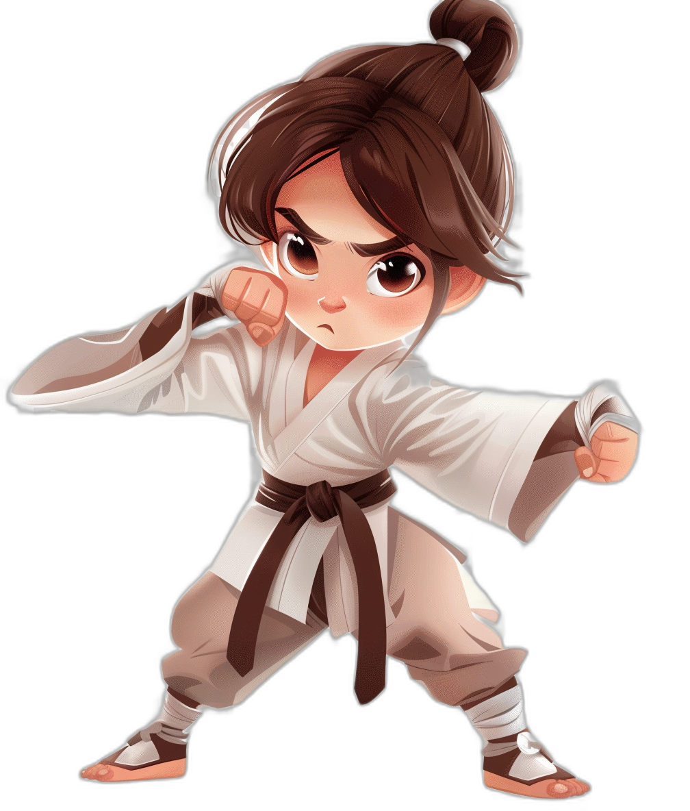 Chibi style drawing of a girl with brown hair in a bun, doing a karate pose, wearing a white jiujitsu gi and black belt, full body shot, on a solid background, digital art in the style of [Artgerm](https://goo.gl/search?artist%20Artgerm) and [Loish](https://goo.gl/search?artist%20Loish), Disney animation style.