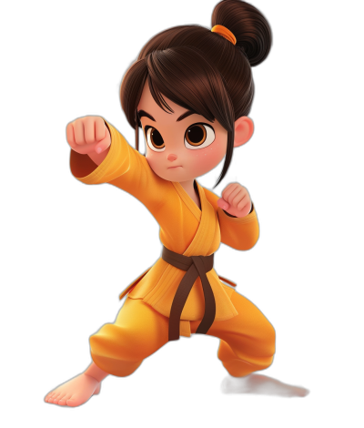 A little girl dressed in a karate outfit, ready to fight with her fist raised. She has brown hair and is wearing an orange martial arts uniform with a black belt around her waist. The background of the illustration should be a plain black for easy breathing room with a color scheme. A Pixar style cartoon character design, high resolution, cute and adorable in the style of Pixar.