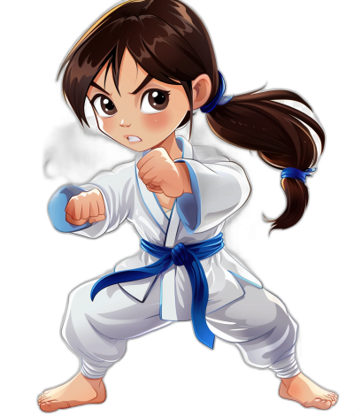 cartoon girl with dark brown hair in a ponytail, wearing a white karate outfit and a blue belt doing martial arts poses against a black background, in the style of chibi style, colorful cartoon