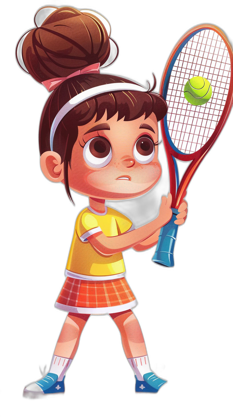 chibi style of little girl playing tennis, holding the racket with both hands and hitting the ball in front of her face, wearing a skirt uniform, black background, cartoon character design, 2D game art, cute storybook illustration, high resolution, high quality, high detail, sharp focus, sharp details, high contrast, high clarity, in the style of a cartoon character.