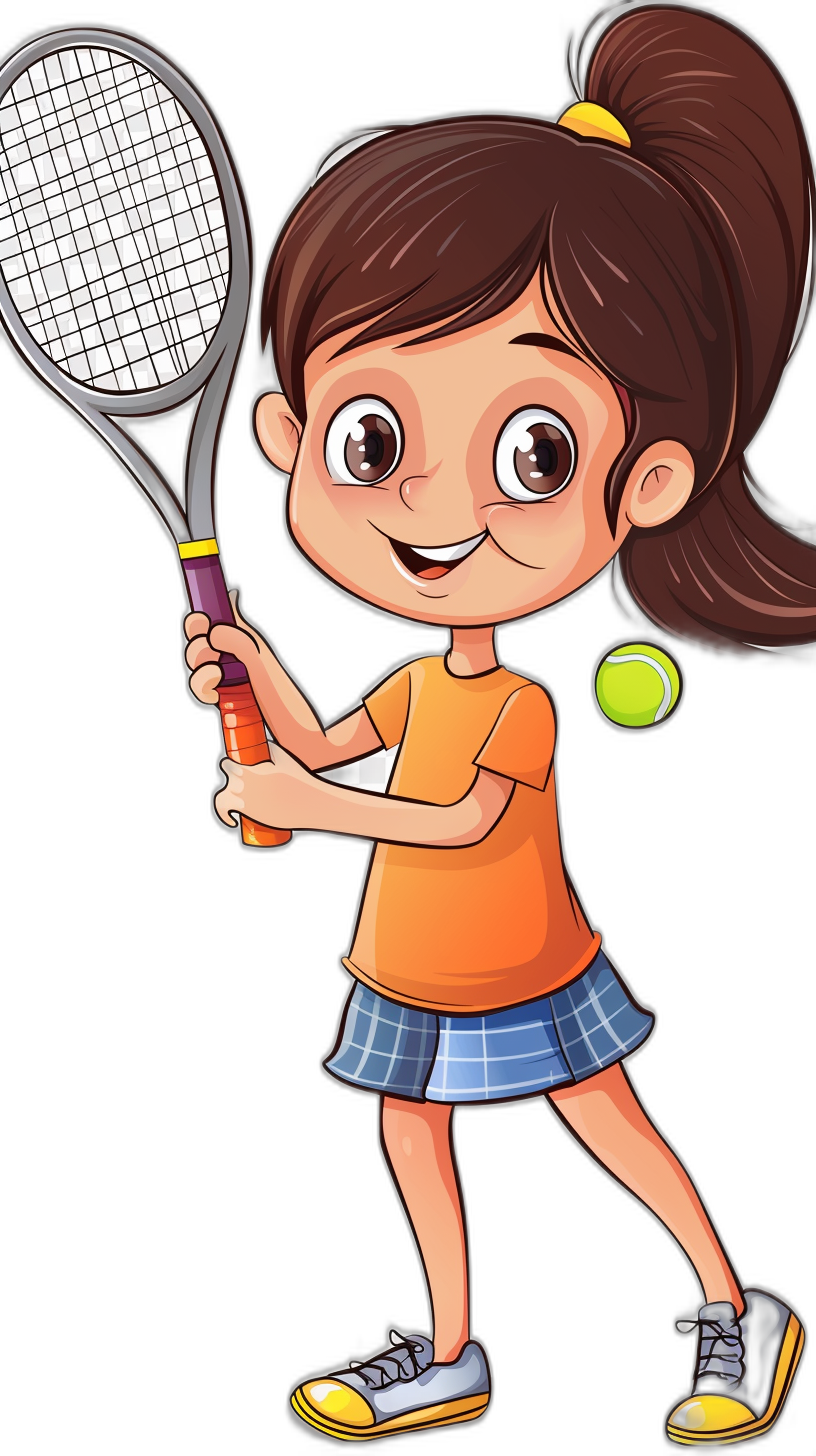 A happy girl playing tennis in the style of clip art cartoon illustration on black background.