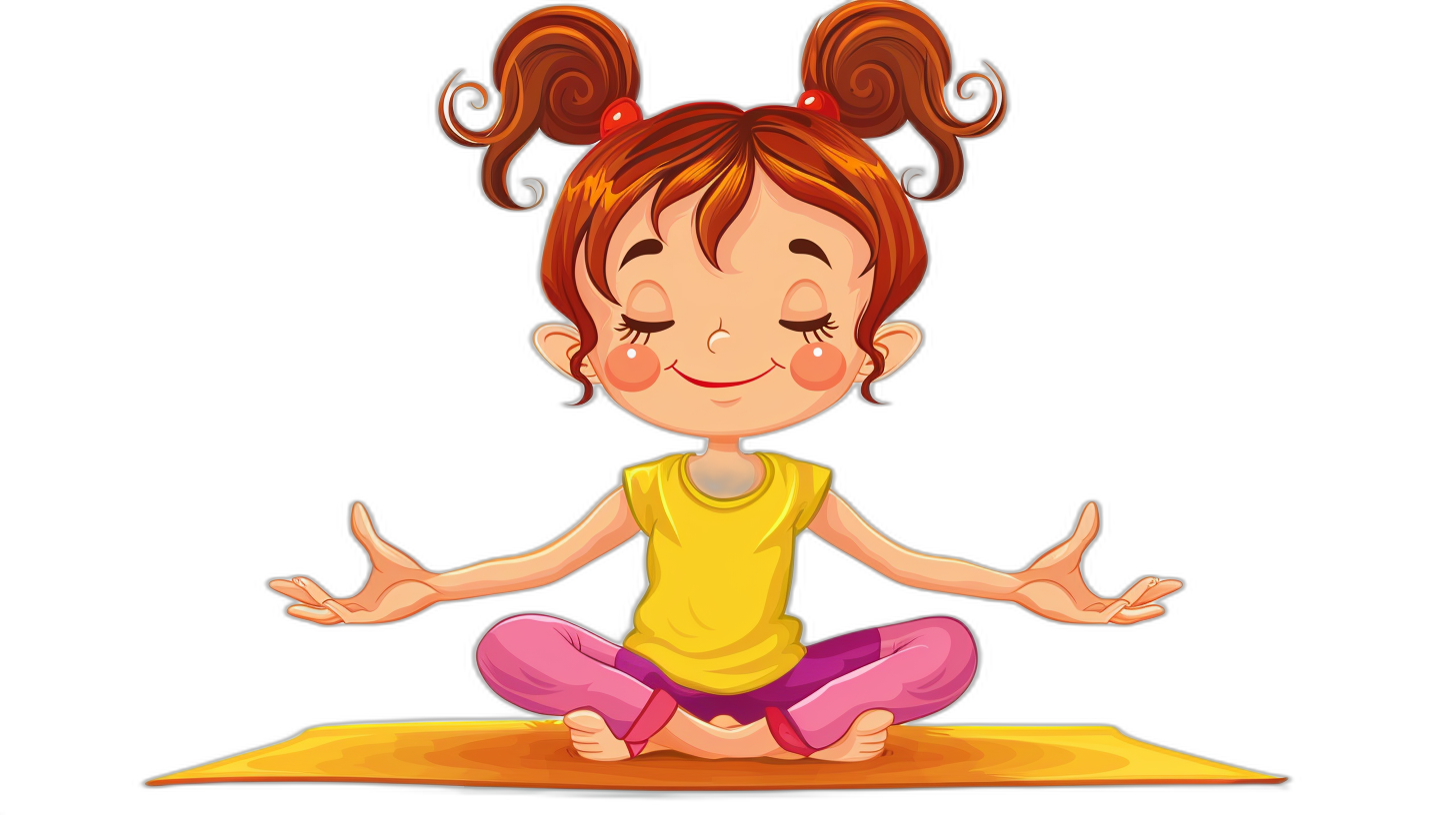 Cute little girl doing yoga in the style of cartoon vector illustration on black background. A happy and cheerful child with pigtails sits in the lotus position for meditation or asana. The character is smiling and has her hands spread out to form two ears. Vector Illustration of cute Girl in the style of Cartoon.