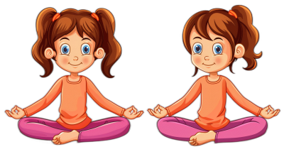 two cartoon girl doing yoga, front view and side view , clip art for stickers, black background