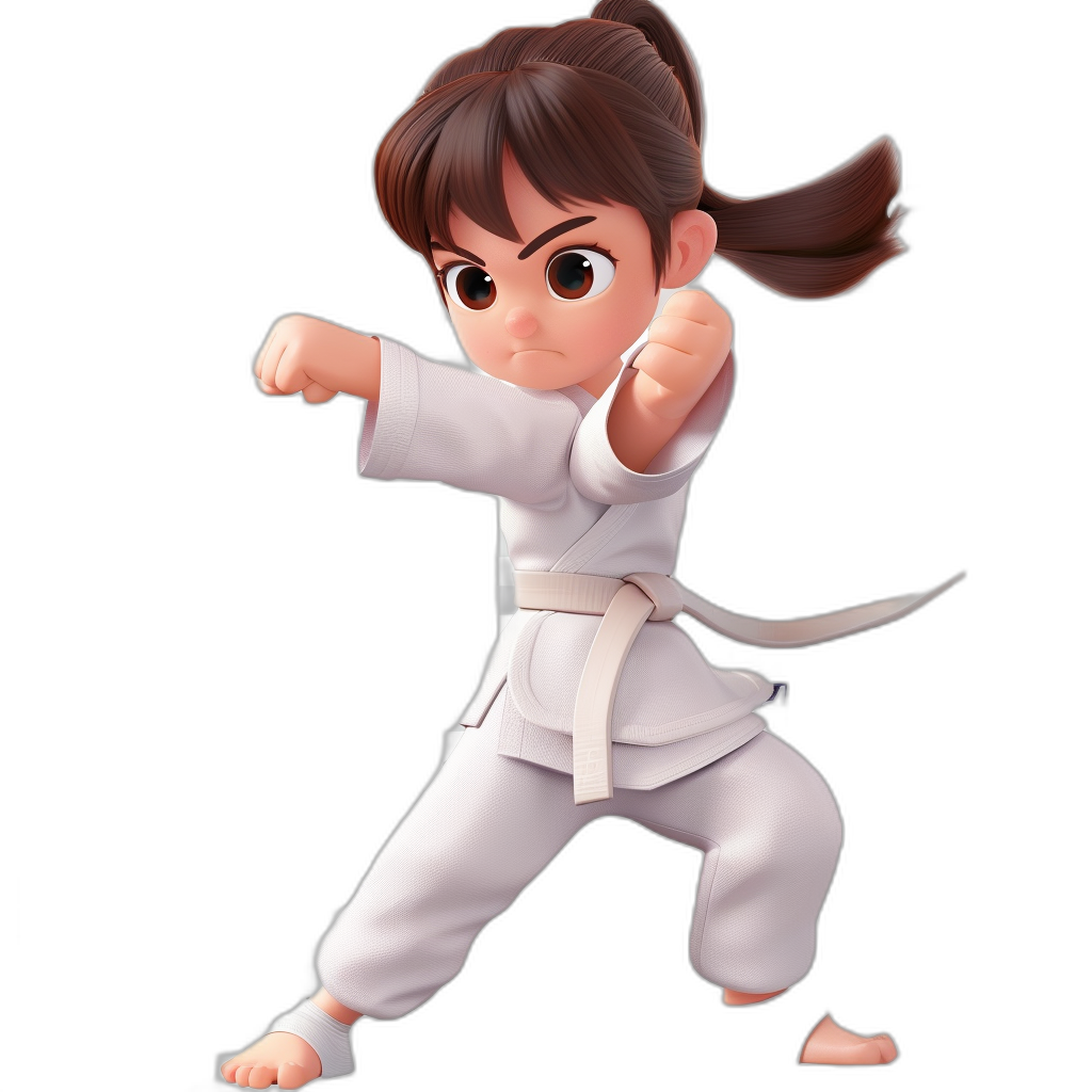 A cute girl in a white karate outfit, ready in a fighting pose, with brown hair in a ponytail and bangs, against a black background, as a full body, in a chibi style, like a Disney Pixar character, with very detailed, high resolution rendering, created in the style of octane render, using blender, with a 50mm lens, appearing hyper realistic.