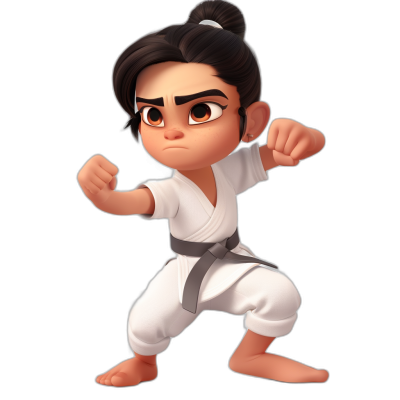 A young Asian boy in a white karate outfit with black hair tied back in buns poses ready to fight in the style of Pixar character design on a solid background.