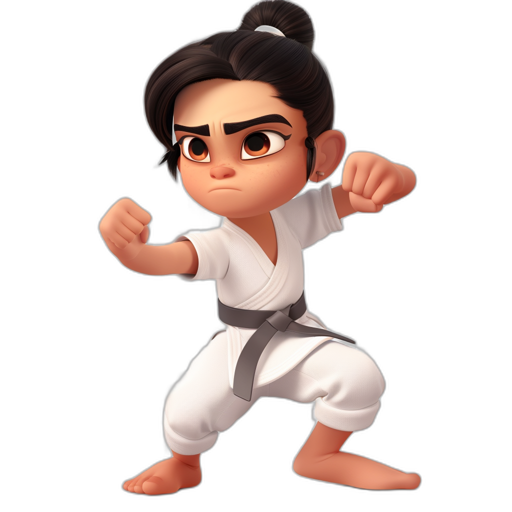 A young Asian boy in a white karate outfit with black hair tied back in buns poses ready to fight in the style of Pixar character design on a solid background.