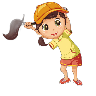 A cartoon girl playing golf, wearing a yellow baseball cap and a red skirt, in the style of a vector illustration, on a black background, with a cute expression, her right hand holding a driver club in the air ready to hit the ball, with a simple design and bright colors.