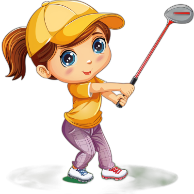 Cute cartoon girl playing golf, vector illustration with a black background, simple design with simple details and no shadows in the picture, cute style with simple lines and solid color blocks of white and yellow colors and no shadow effects, high definition resolution with high detail. Children's version of a sports equipment game character design in the style of no specific artist.