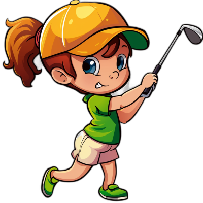 A cute little girl playing golf in a vector illustration style with a black background, using simple lines and shapes with bright colors in the style of a cartoon character design. She is wearing green short sleeves and a yellow cap hat. She is holding the club in her hand while hitting it to capture its motion. Her hair should have some curves on both sides of her head. The overall color scheme includes light pink, sky blue, white, and orange red, which can create an atmosphere full of vitality and fun.