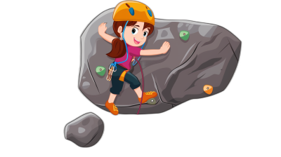 A cartoon girl climbing rocks with a helmet and equipment in the style of clip art style isolated on a black background with no text in the icon.