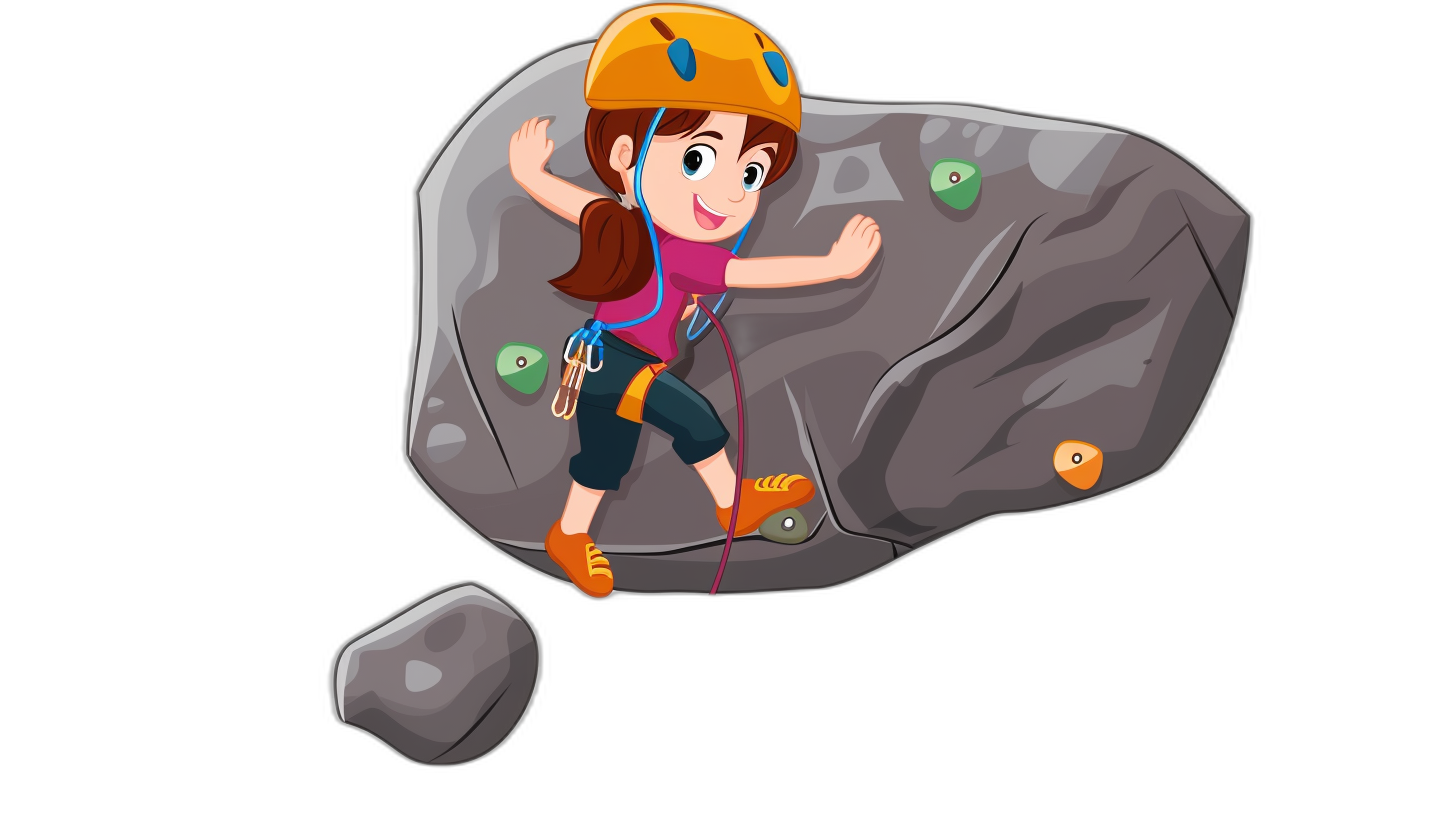 A cartoon girl climbing rocks with a helmet and equipment in the style of clip art style isolated on a black background with no text in the icon.