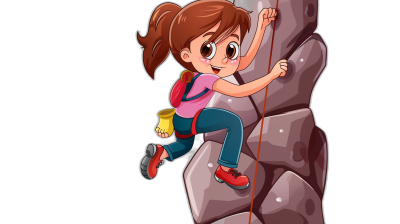 A cartoon girl climbing on a rock in a simple, flat style vector illustration against a black background with high resolution, detail and quality in the style of a high definition illustration.