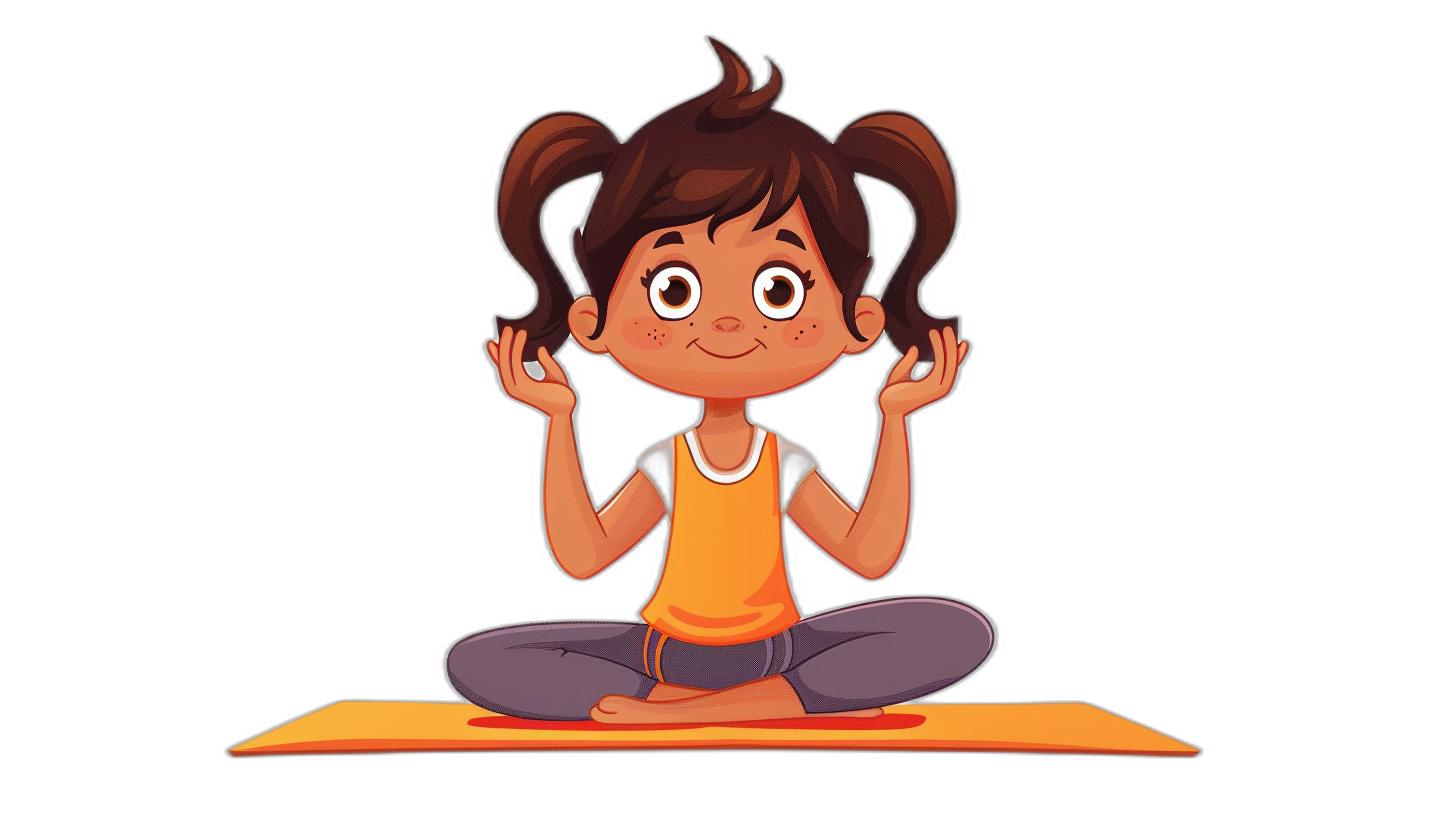 A cartoon girl doing yoga, vector illustration with a black background. The little Indian girl is sitting on the floor in lotus position and holding her hands up at an angle of about one edge above her head. She has dark brown hair styled into two pigtails. Her face shows focus as she points to each finger on both palms. A yellow tank top covers most of her torso, while purple pants rest below it. On the ground beneath her lies an orange mat. The style of the illustration is reminiscent of Indian folk art.