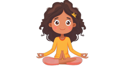 A cartoon-style girl character sitting in lotus pose with a flat color, clip art style on a black background. The young Indian woman has dark skin with short, curly brown hair. She is wearing an orange long-sleeved top paired with pink yoga pants, her eyes wide open as she sits cross-legged on the ground. Her hands rest at her sides with palms facing up to convey focus or balance, and one hand holds a yellow flower pin that adorns her head. The illustration should have bold outlines and flat color blocks in the style of clip art.