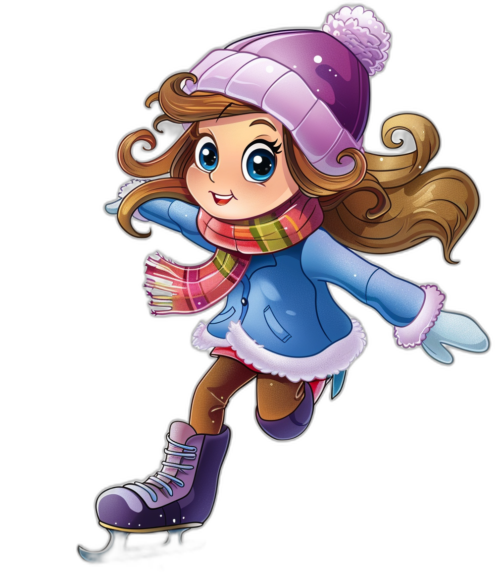 chibi style, clip art of cute girl ice skating with winter on, isolated black background, in the style of colorful