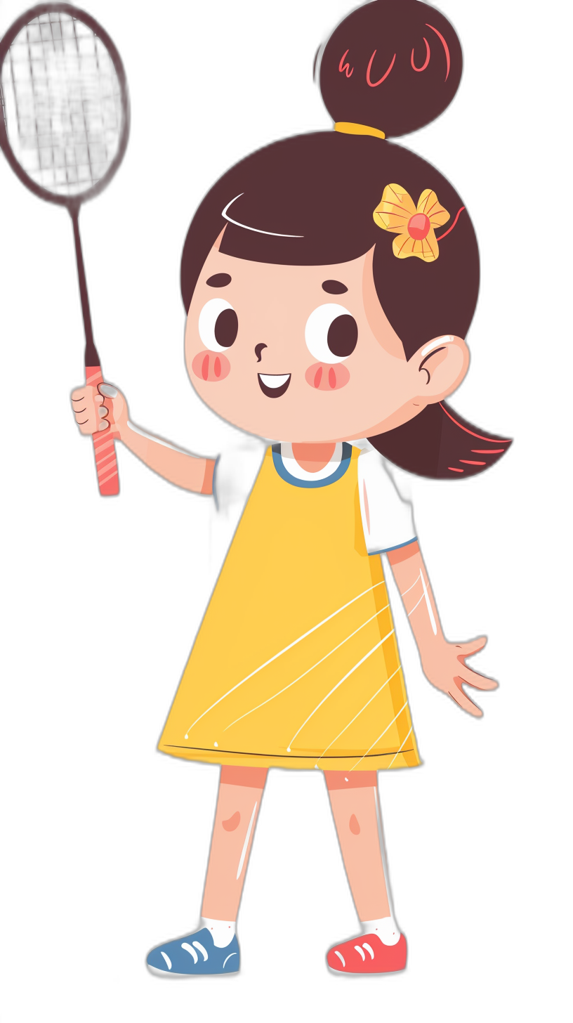 Cute girl playing badminton, wearing a yellow dress with white short sleeves and red shoes, in a simple cartoon style with a black background, as a flat illustration in the graphic design-inspired illustration style, as a full body portrait with a cute smile and big eyes, in the style of.