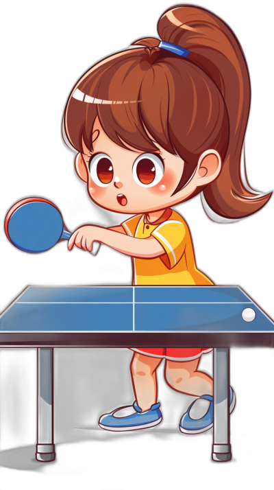 A cute chibi girl playing table tennis in the style of a cartoon, vector illustration for a t-shirt design, solid black background, vivid colors, simple lines, full body shot of the cute character, high resolution, high quality, high detail, high sharpness, high definition.