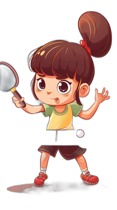 Cartoon character design in the style of chibi style, a girl playing table tennis with a black background, holding the racket in her hand and ready to hit the ball, wearing sportswear and red shoes on her feet, brown hair, big eyes, a happy expression, a cartoon cute art style, a colorful illustration, simple lines, a black background, high resolution, high detail, bright colors, a solid color, a simple background, a simple dark white border