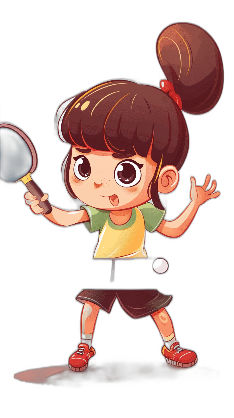 Cartoon character design in the style of chibi style, a girl playing table tennis with a black background, holding the racket in her hand and ready to hit the ball, wearing sportswear and red shoes on her feet, brown hair, big eyes, a happy expression, a cartoon cute art style, a colorful illustration, simple lines, a black background, high resolution, high detail, bright colors, a solid color, a simple background, a simple dark white border