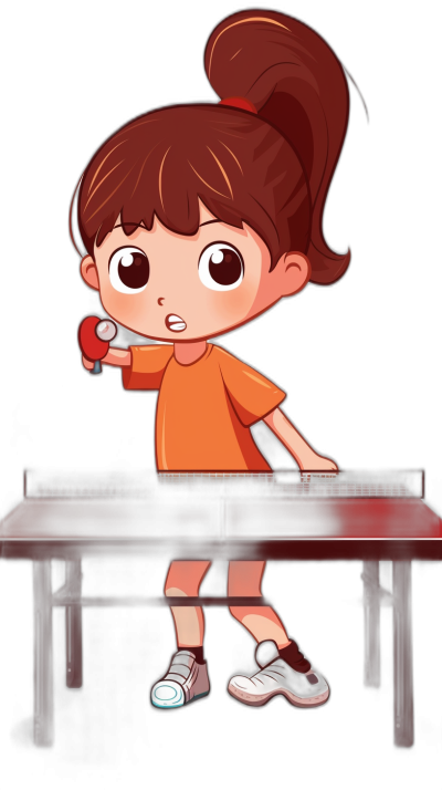 A cute little girl is playing table tennis in the style of a cartoon, with a vector illustration on a black background and solid color tones. She has big eyes and brown hair, wearing an orange shirt and white shoes on her feet. The desk she stands behind holds a red baton in the style of an anthropomorphic figure design. Her whole body photo showcases exquisite details.