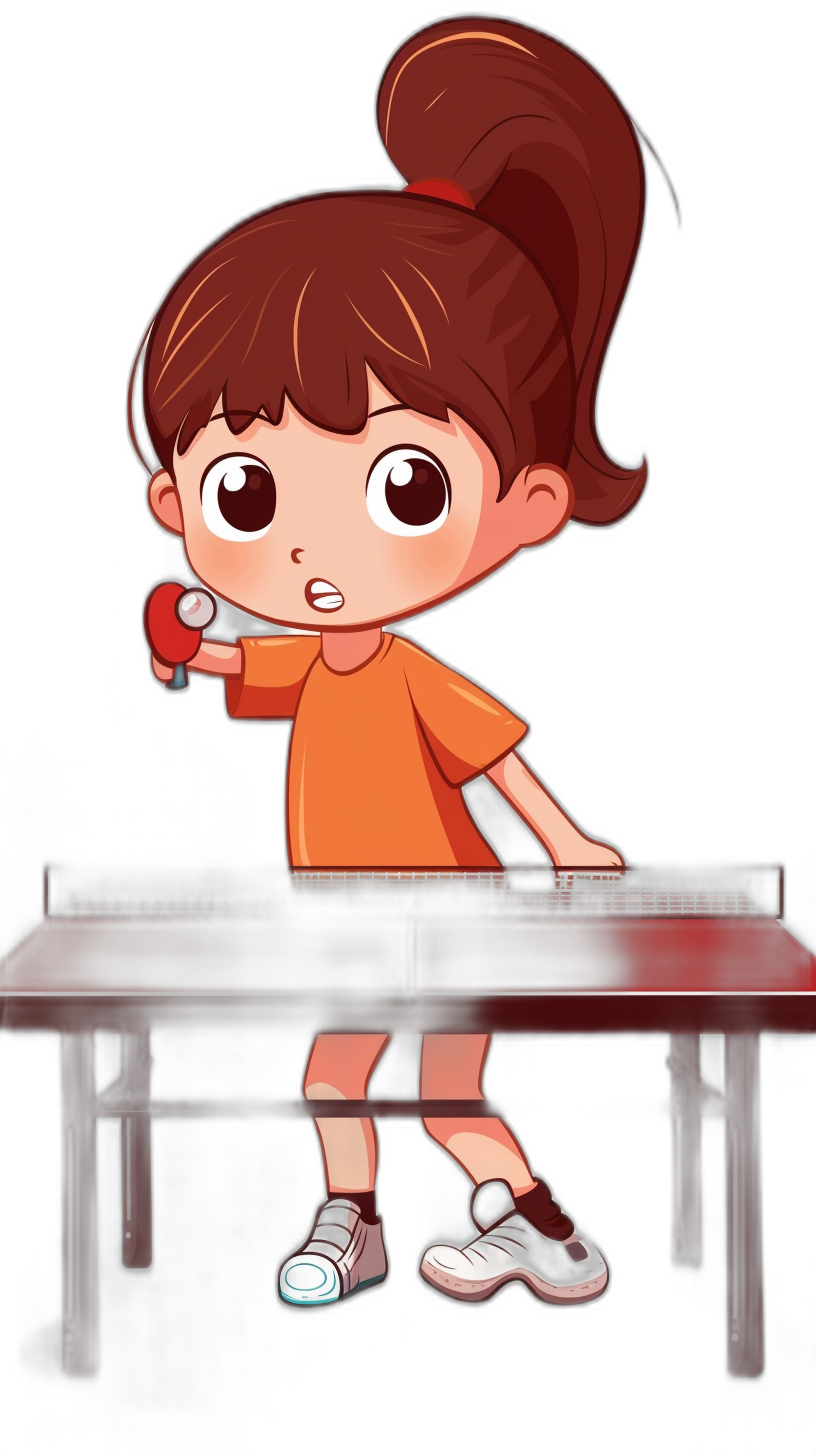 A cute little girl is playing table tennis in the style of a cartoon, with a vector illustration on a black background and solid color tones. She has big eyes and brown hair, wearing an orange shirt and white shoes on her feet. The desk she stands behind holds a red baton in the style of an anthropomorphic figure design. Her whole body photo showcases exquisite details.