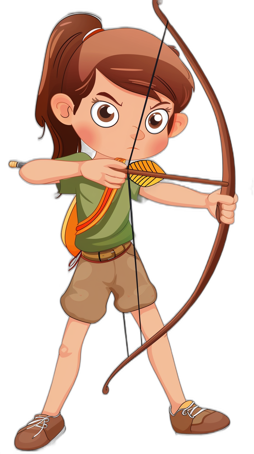 A cartoon-style girl archer with brown hair, wearing shorts and an olive green shirt holding her bow ready to shoot in the style of clip art, vector, simple lines on a black background with a white border around the edge of each line for easy cut out.