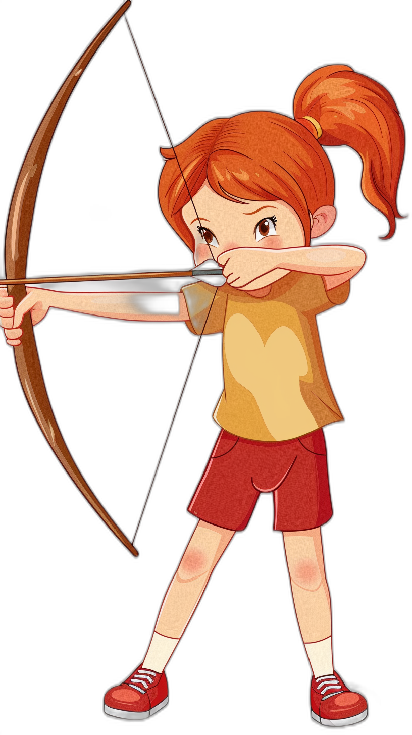 vector cartoon of a girl with red hair in a ponytail, wearing a brown shirt and shorts shooting a bow and arrow against a black background, showing her full body.