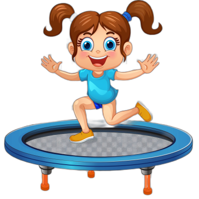 A cartoon girl jumping on the trampoline, vector illustration style with black background. She has big blue eyes and brown hair in pigtails. she is wearing yellow shoes and dark blue shorts. The bouncy surface of her round white plastic box made out of soft fabric creates an atmosphere of fun for children to enjoy while playing. Vector Illustration, Detailed, High Resolution, Isolated, No Background, White Blackground