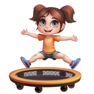 A cute little girl is jumping on the trampoline, cartoon style, black background, front view, simple and clean light orange circular shape with gradient color filling, high definition details of character design, cartoon game art, colorful animated stills, colorful animated characters, cute toy sculptures, Disney Pixar animation style, 3D rendering. The two ponytails flowing in the wind, her eyes sparkling like stars, smiling happily. She was dressed in an amber Tshirt, blue shorts, pink shoes, white socks, jumping