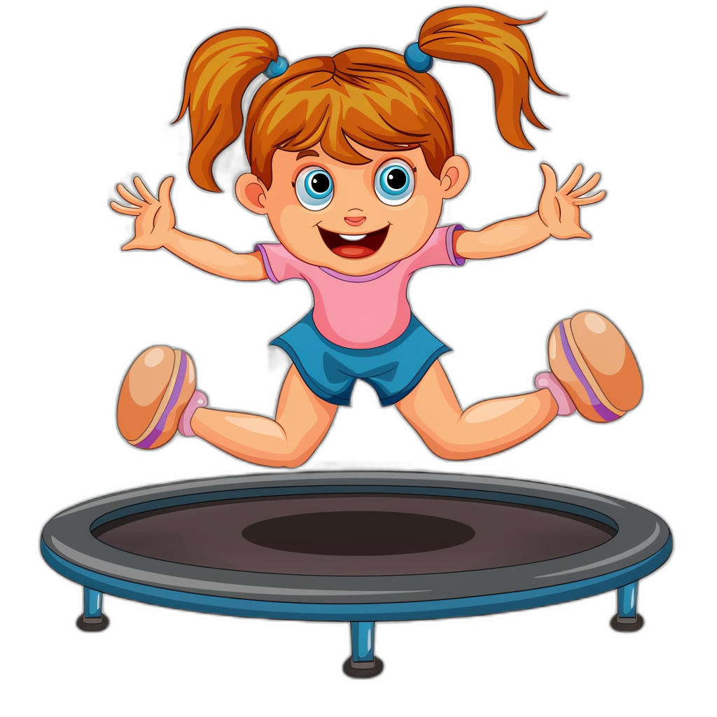 A cartoon illustration of a cute little girl jumping on a trampoline in the style of clip art with a black background.