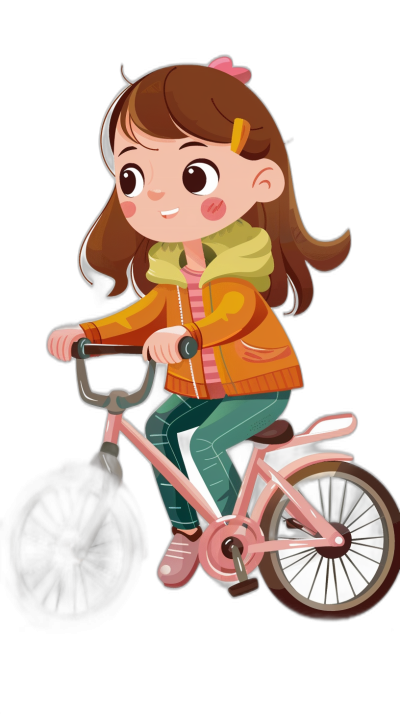 A cute little girl is riding her bike, she has long brown hair and bangs, wearing an orange jacket with green pants underneath it, pink shoes on the feet, simple background, simple flat illustration style, black solid color scheme, simple details, high definition resolution, cartoon character design, full body portrait, high quality, high detail, black background, high definition resolution, high saturation, bright colors, cute style.