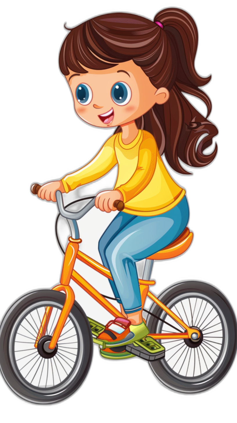 A cute little girl is riding her bike in the style of clip art. It is in a cartoon sticker design with simple line art. The vector illustration has a black background with cute eyes and smile. She is wearing a yellow shirt with blue pants on the bottom of her legs. The orange framed bicycle is a high resolution 300 dpi image.