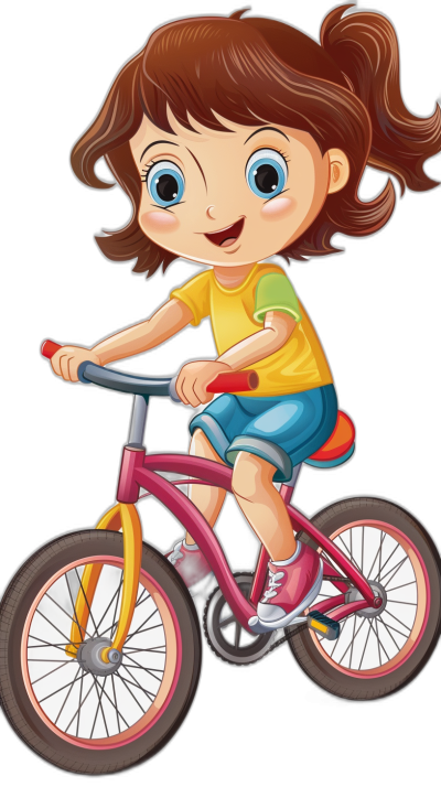 A cute cartoon girl is riding her bike, simple flat illustration style with black background and bright colors. She has brown hair in pigtails, blue eyes, wearing shorts, yellow tshirt and red shoes. The bicycle she's sitting on looks like it was designed for children, featuring pink wheels and a colorful frame. Her expression exudes joy as if the ride were fun and easy. No other characters or objects appear around her to emphasize focus on the character design.