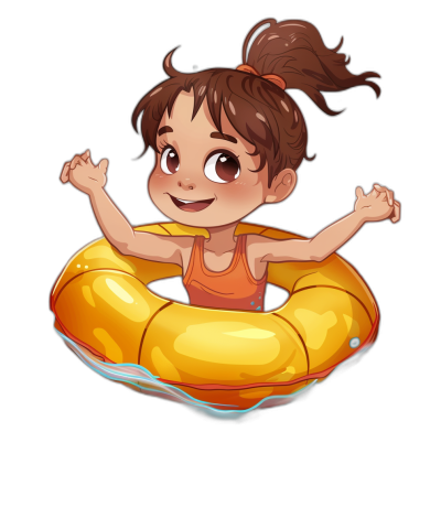 A little girl is floating on an inflatable ring, cute cartoon style with simple strokes and black background. The yellow swimming tube floats in the air. She has brown hair tied into pigtails and wears orange . Her hands should be raised above her head to show off themale posture, smiling happily. Flat illustration, vector drawing, highdefinition, 3D rendering, full body portrait, front view.