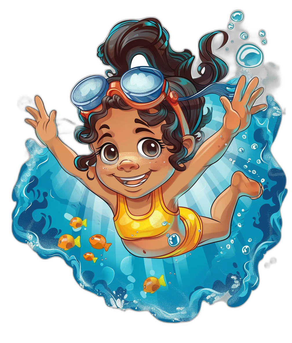 tshirt design, vector cartoon illustration of an adorable little girl with dark brown skin and curly hair wearing goggles on her head diving into the ocean, with a smiling expression, with colorful fish swimming around in the water, against an isolated black background, using bold colors, with high resolution, in the style of a professional drawing, in a digital art style